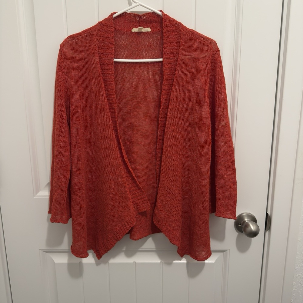 Eileen Fisher Terracotta Orange Linen Blend Open Knit Cardigan Sweater Small